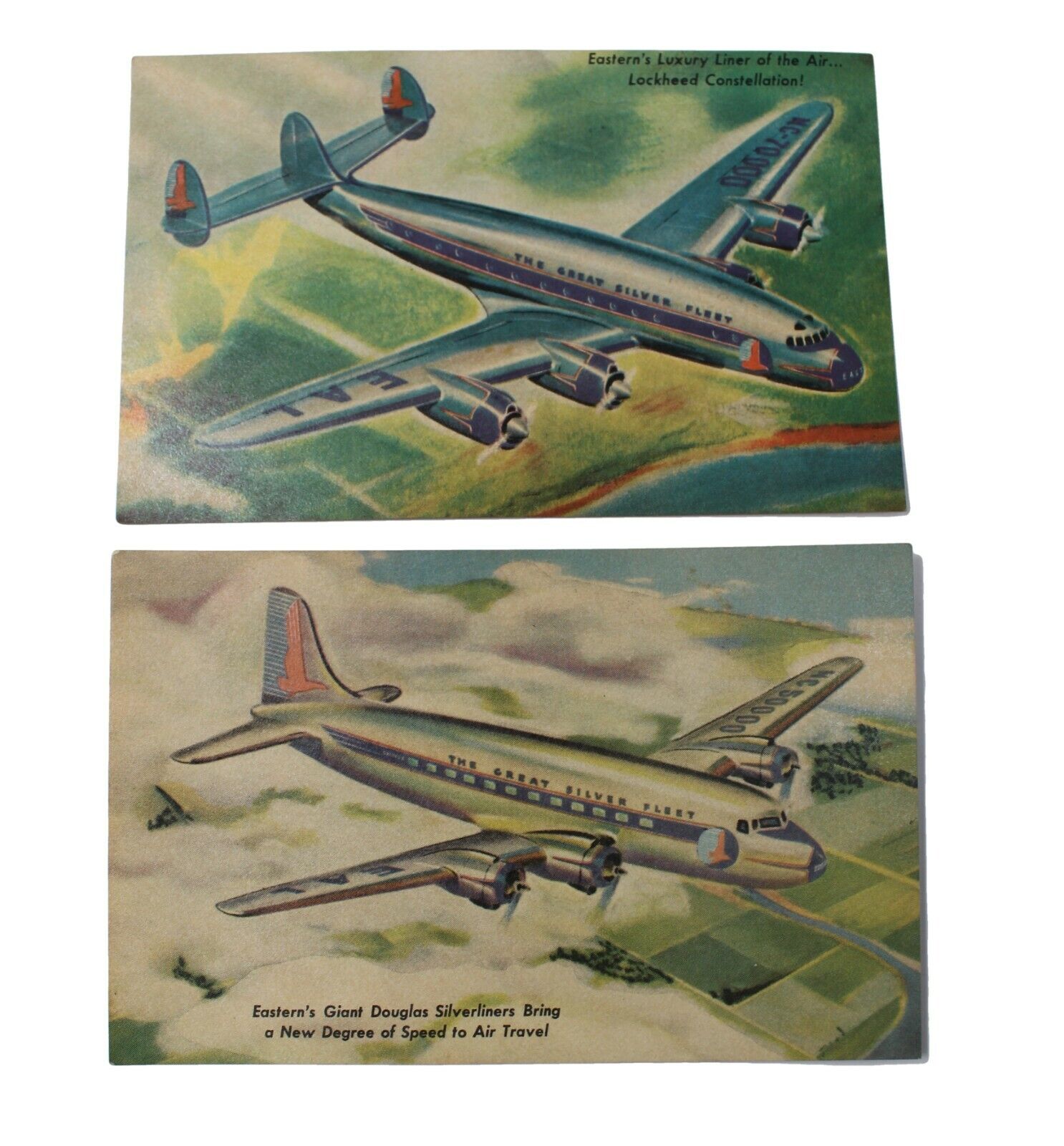 1940\'s EASTERN Airlines 2 Giant Douglas Silver Liner Fleet POSTCARDS Vintage 