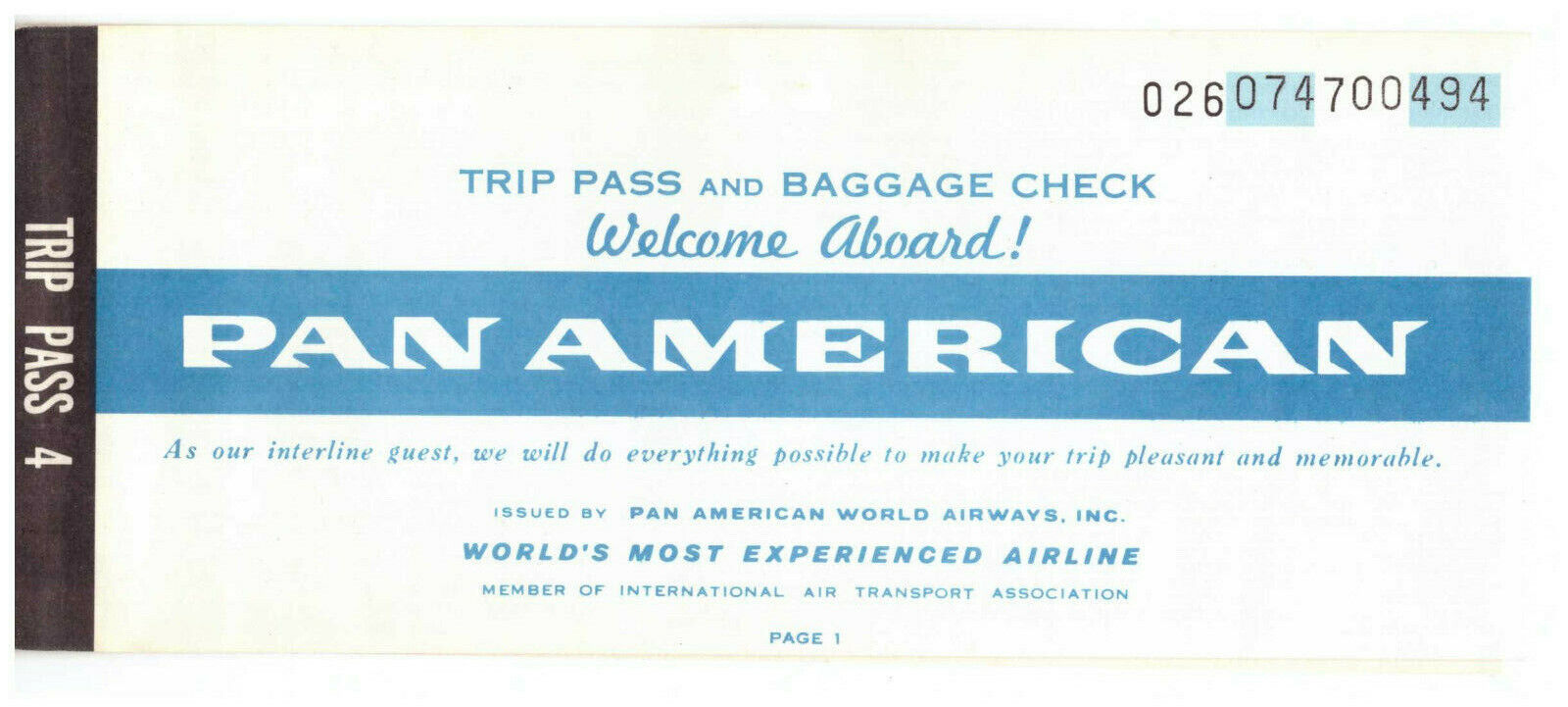 Pan American Pan Am Trip Pass 4 and Baggage Check New York Bermuda 01.05.72