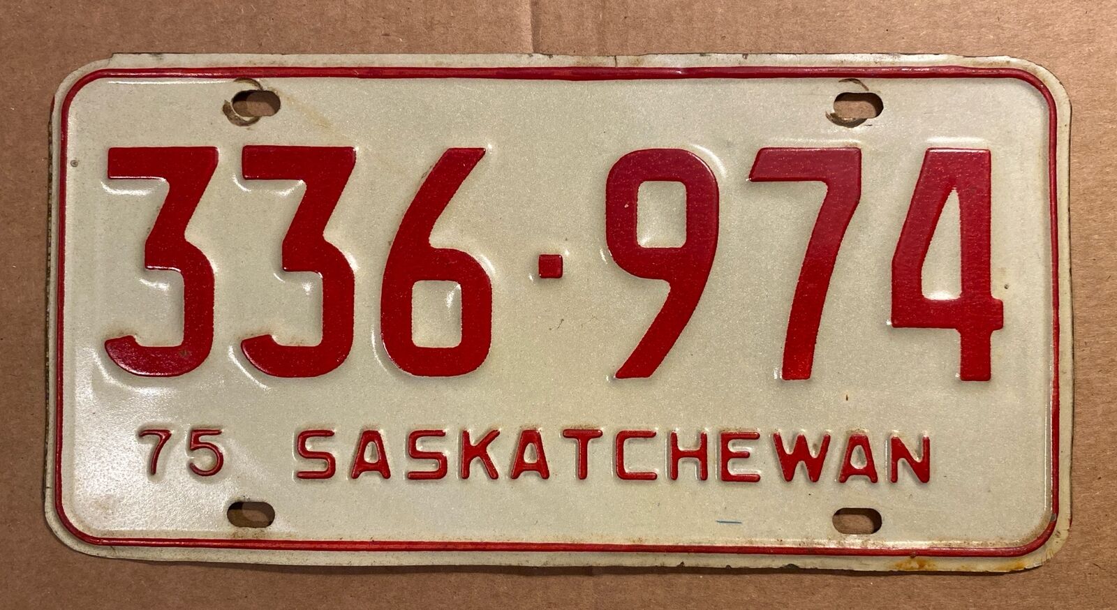 1975 Saskatchewan Canada license plate, original used
