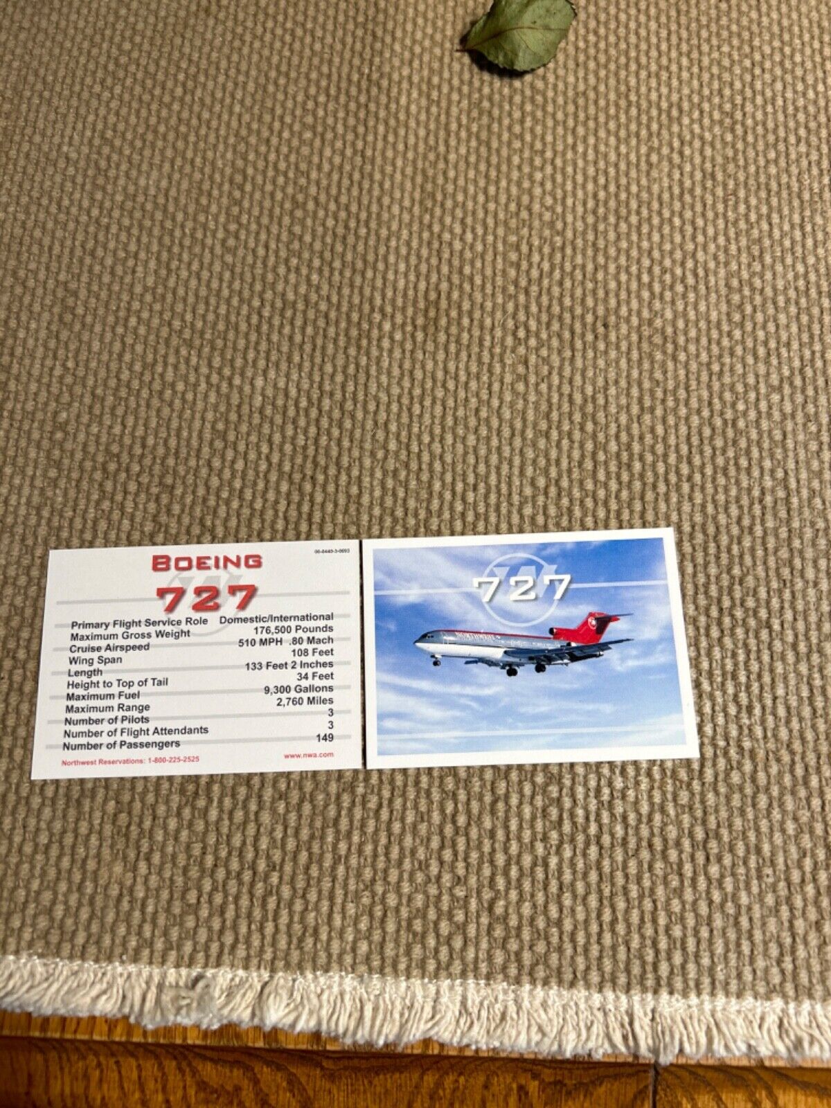 Northwest Airlines Boeing B-727 Information Card Pilot Premium 1980's