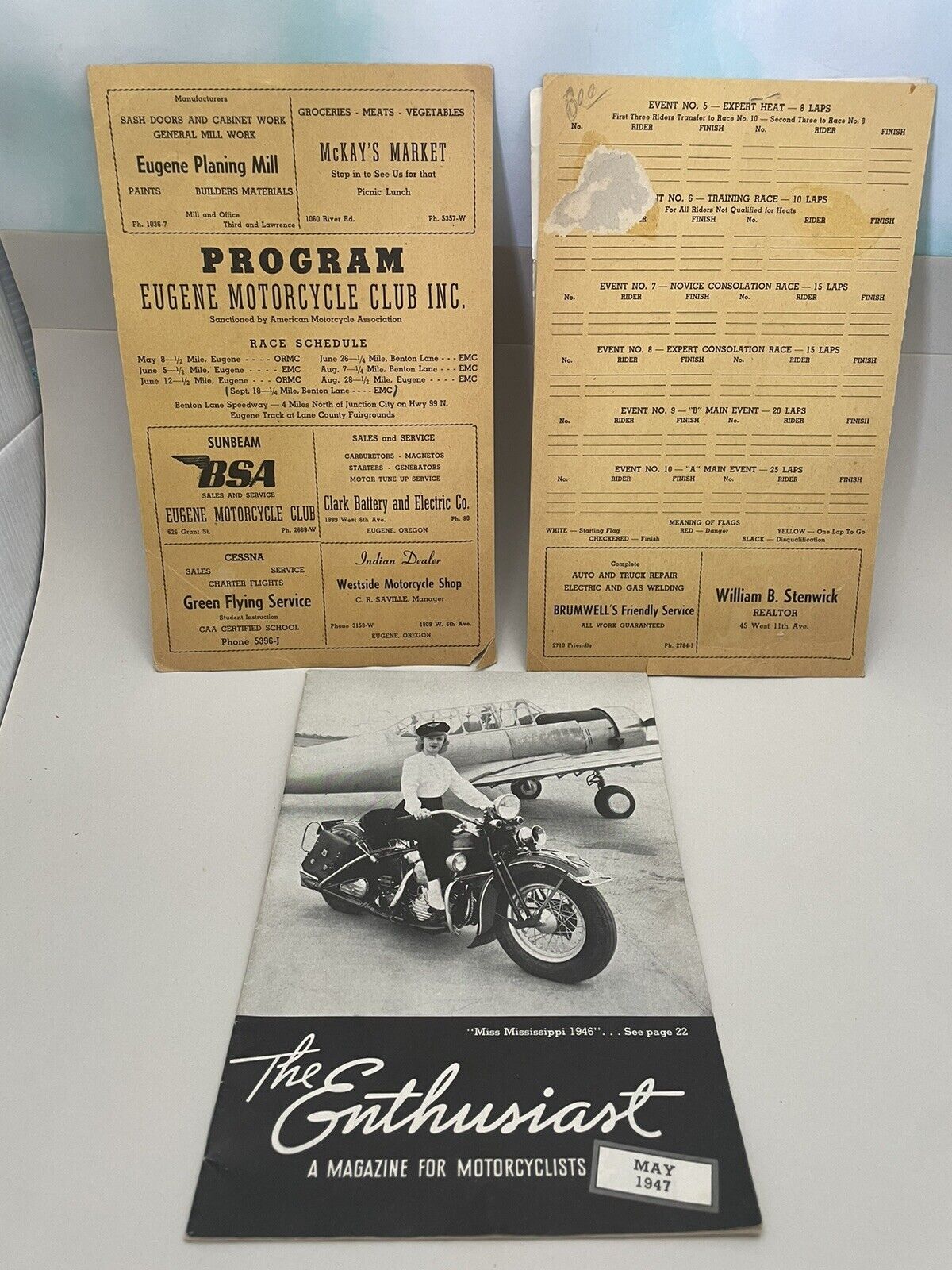 Vintage 1940s Eugene Motorcycle Club Race Program + 1947 The Enthusiast Magazine