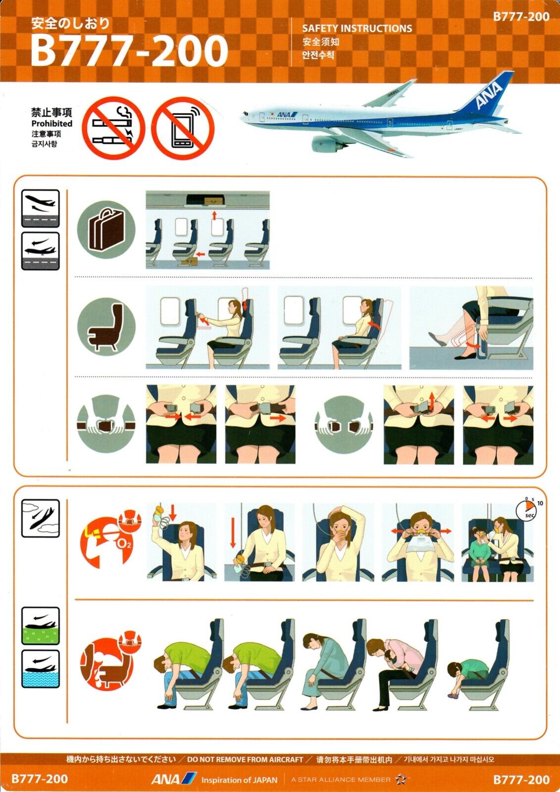 2004 ANA ALL NIPPON AIRLINES Japan BOING 777-200 Orange Safety Card