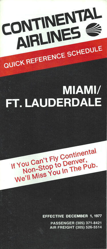 Continental Airlines Miami/Ft. Lauderdale timetable 12/1/77 [1023] Buy 4+ save 5