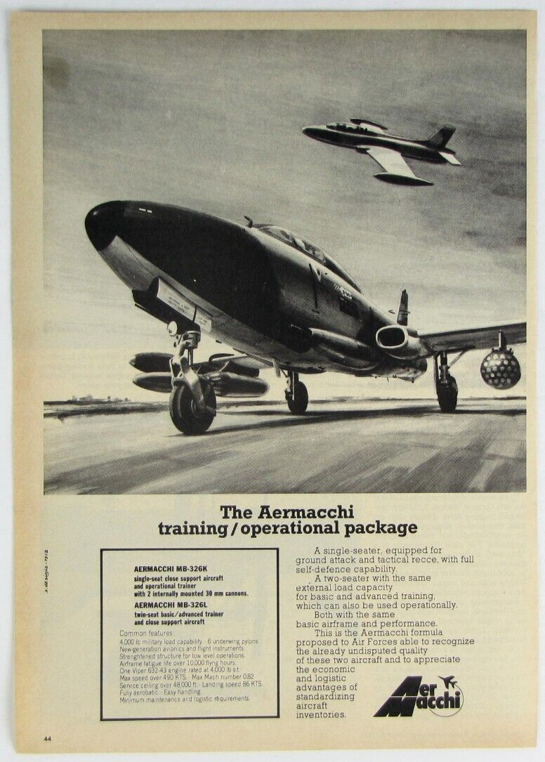 Vintage 1975 Aermacchi Macchi MB-326 Aircraft Print Ad