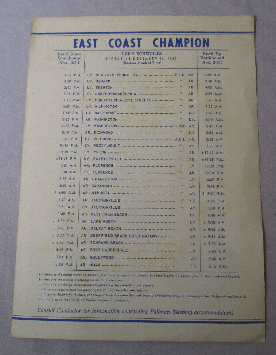 1965 Railroad Daily Schedules 2-Sided Sheet EAST & WEST COAST CHAMPION # 1511