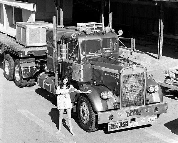 Pinup Girl Model with 1970\'s Kenworth Semi Truck Big Rig Ol Blue 8\