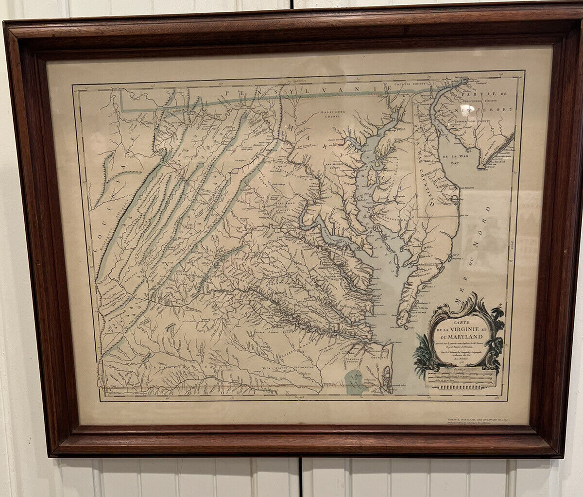 1755 Vaugondy Map Virginia, Maryland, and Delaware in Vintage Frame