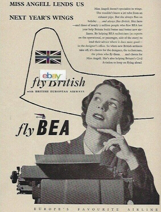 BEA BRITISH EUROPEAN 1955 MISS ANGELL FLIES BRITISH FOR VACATION EVERY YEAR AD 