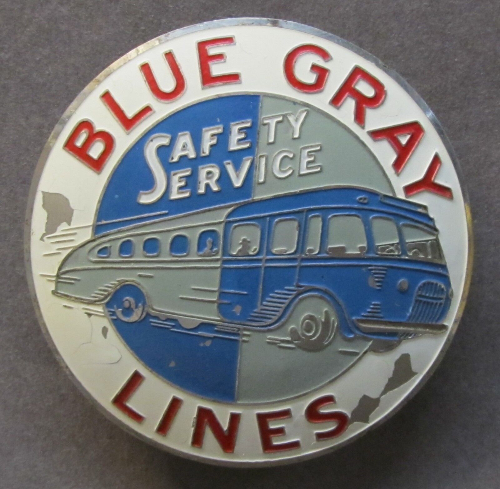 older vintage  BLUE GRAY LINES Safety Service Bus HAT BADGE Seattle  *