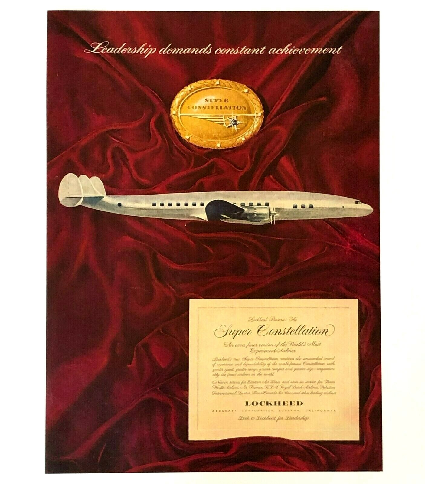 1951 Lockheed Super Constellation Advertisement Airliner Airplane Vtg Print AD 1951 Lockheed Super Constellation Advertisement Airliner Airplane Vtg Print AD