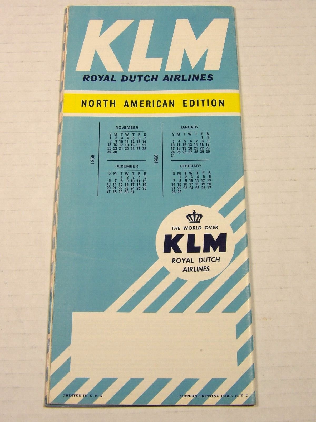 Vtg 1959 KLM Royal Dutch Airlines Timetable North American Edition Ephemera