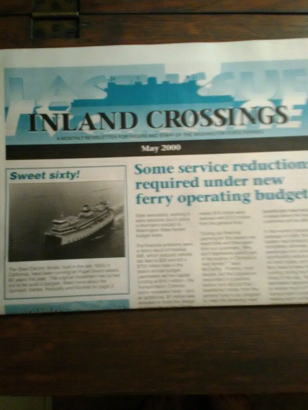 WASHINGTON  STATE FERRIES INLAND CROSSINGS  MONTHLY NEWSLETTER  MAY 2000