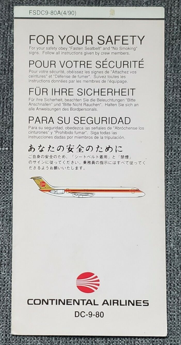 Continental Airlines DC-9-80 Safety Card 4/90 Vintage Aviation Collectible 
