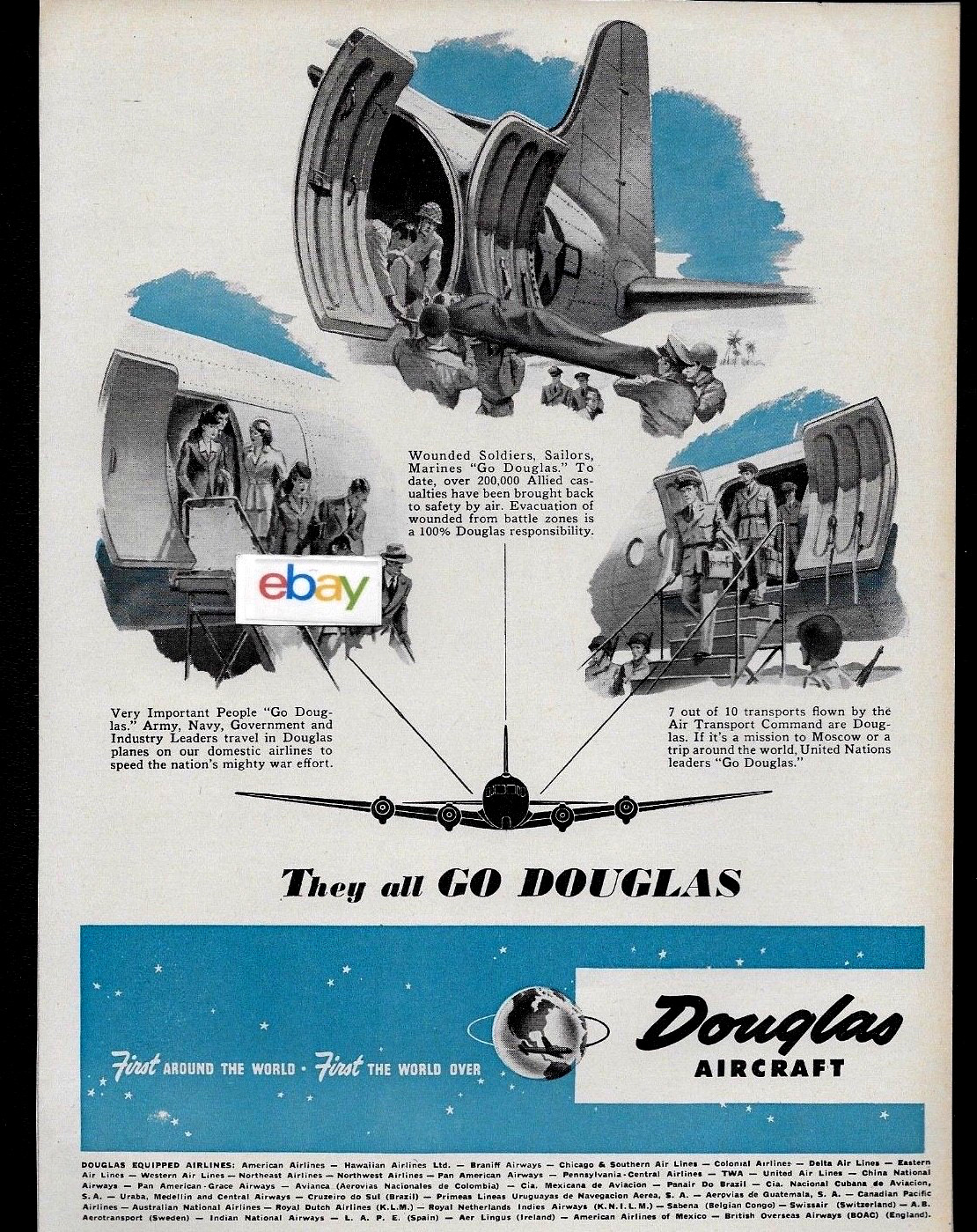 DOUGLAS AIRCRAFT DOUGLAS DC-4 THEY ALL GO DOUGLAS 1944 ARMY-NAVY WW-2 AD DOUGLAS AIRCRAFT DOUGLAS DC-4 THEY ALL GO DOUGLAS 1944 ARMY-NAVY WW-2 AD