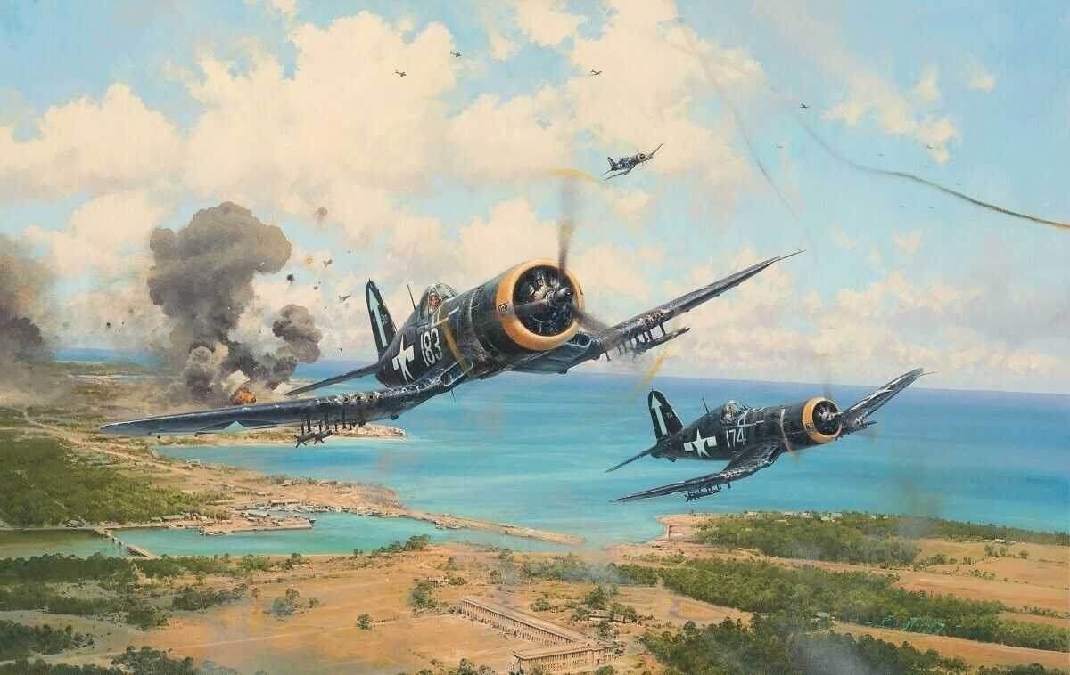 Okinawa by Robert Taylor Aviation Art Print signed by two Pacific Corsair Pilots