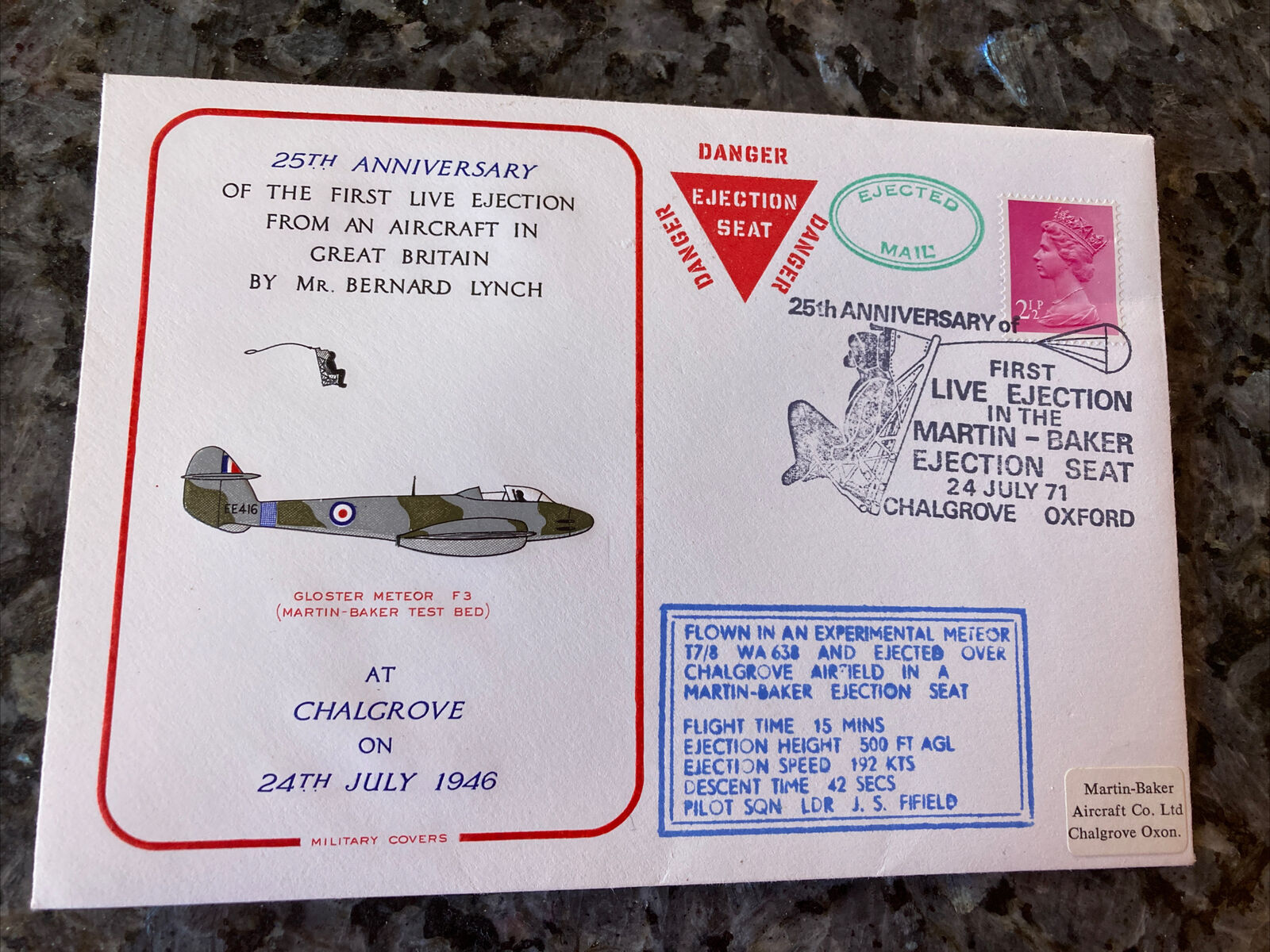 Martin Baker Ejection Seat 25th Anniversary Ejected Mail Chalgrove 1971