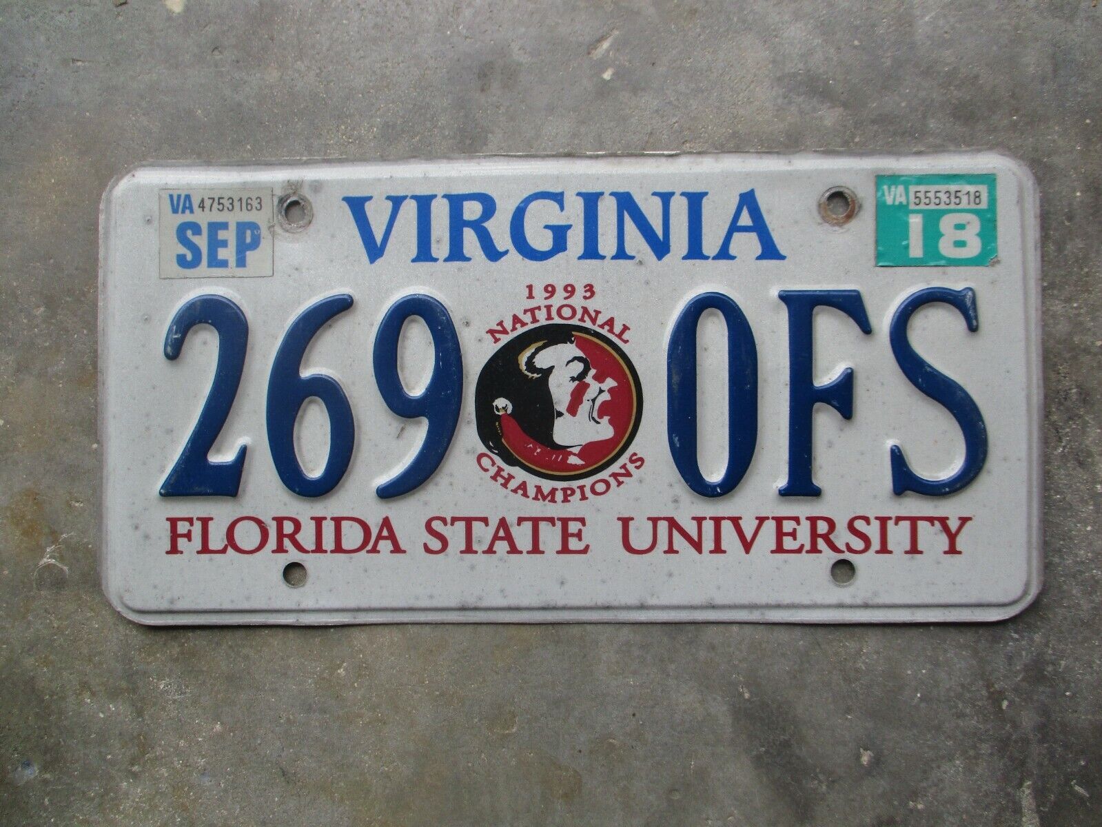 Virginia  2018 Florida State University license plate # 269  0FS