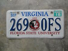 Virginia  2018 Florida State University license plate # 269  0FS picture