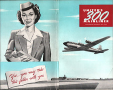 1947 United Airlines 300 Mainliner Vintage Pocket Folder 4-Engine Douglas DC-6 picture
