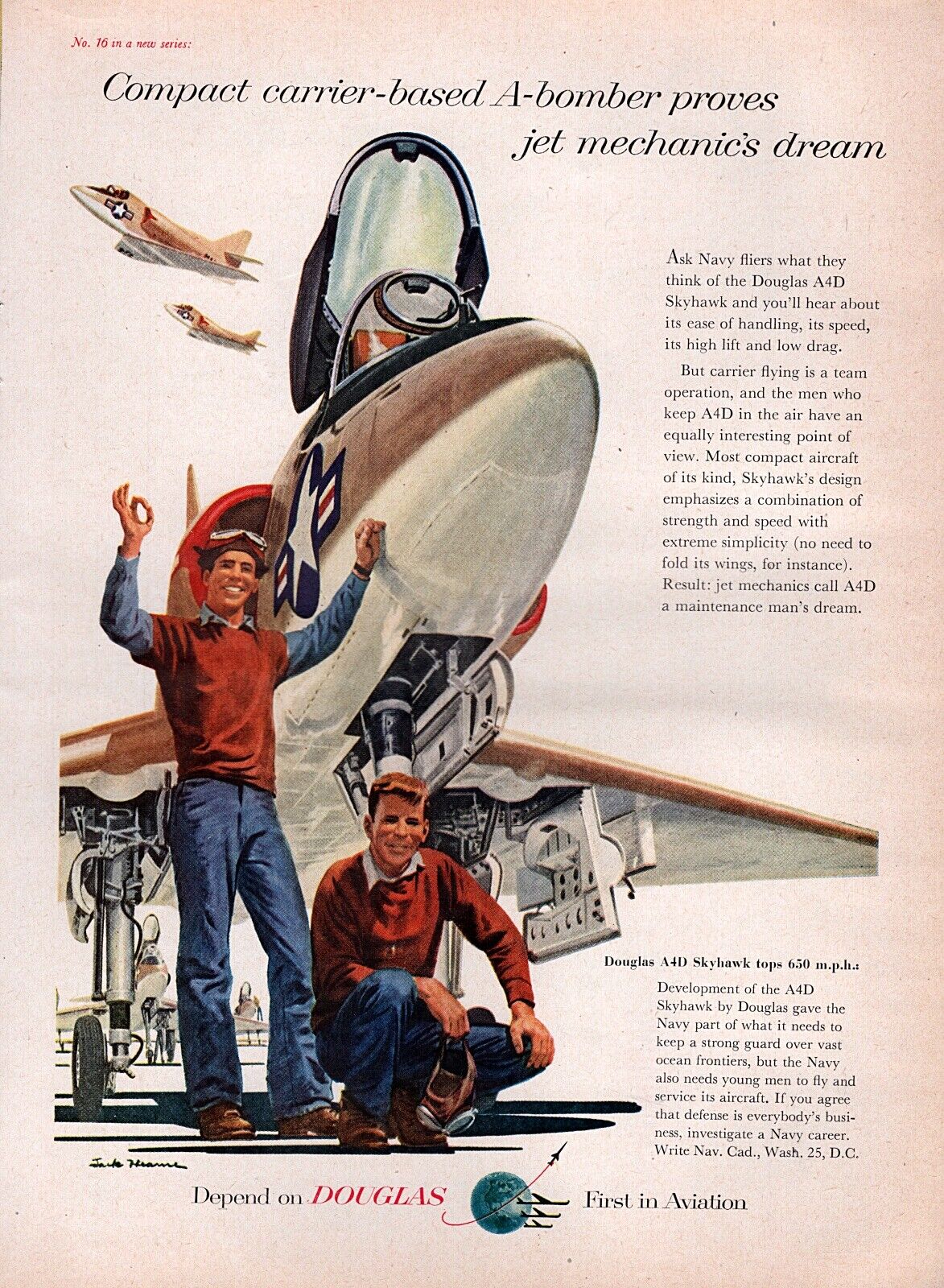 1956 Douglas A4D Skyhawk Turbojet Carrier Bomber US Navy Original Color Ad 
