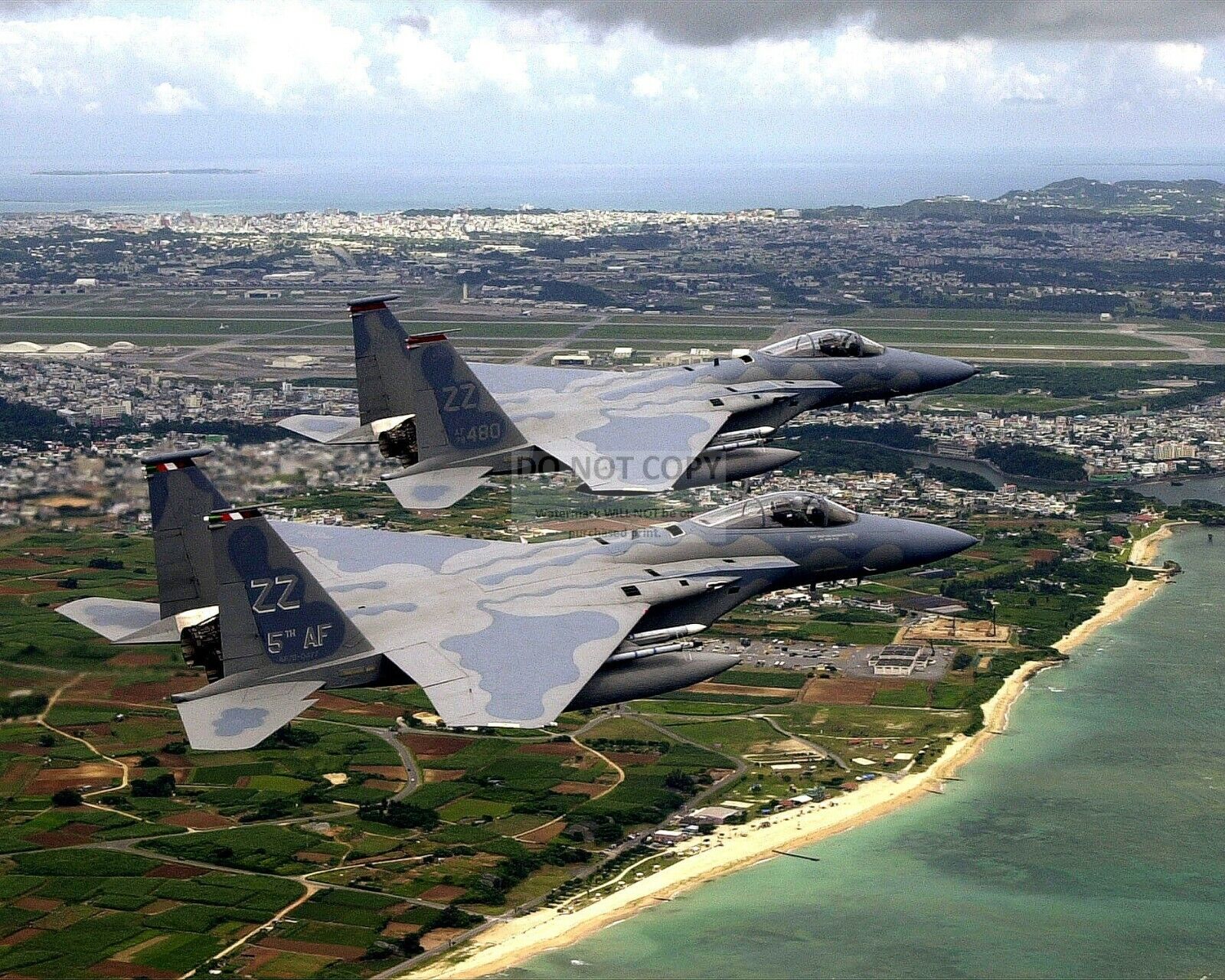 USAF F-15C EAGLES FLY IN FORMATION OVER KADENA AIR BASE - 8X10 PHOTO (EP-110)