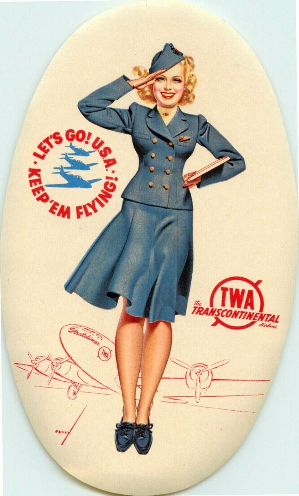 TWA ~TRANSCONTINENTAL AIRLINE~ Great SALUTING STEWARDESS Luggage Label 1943  