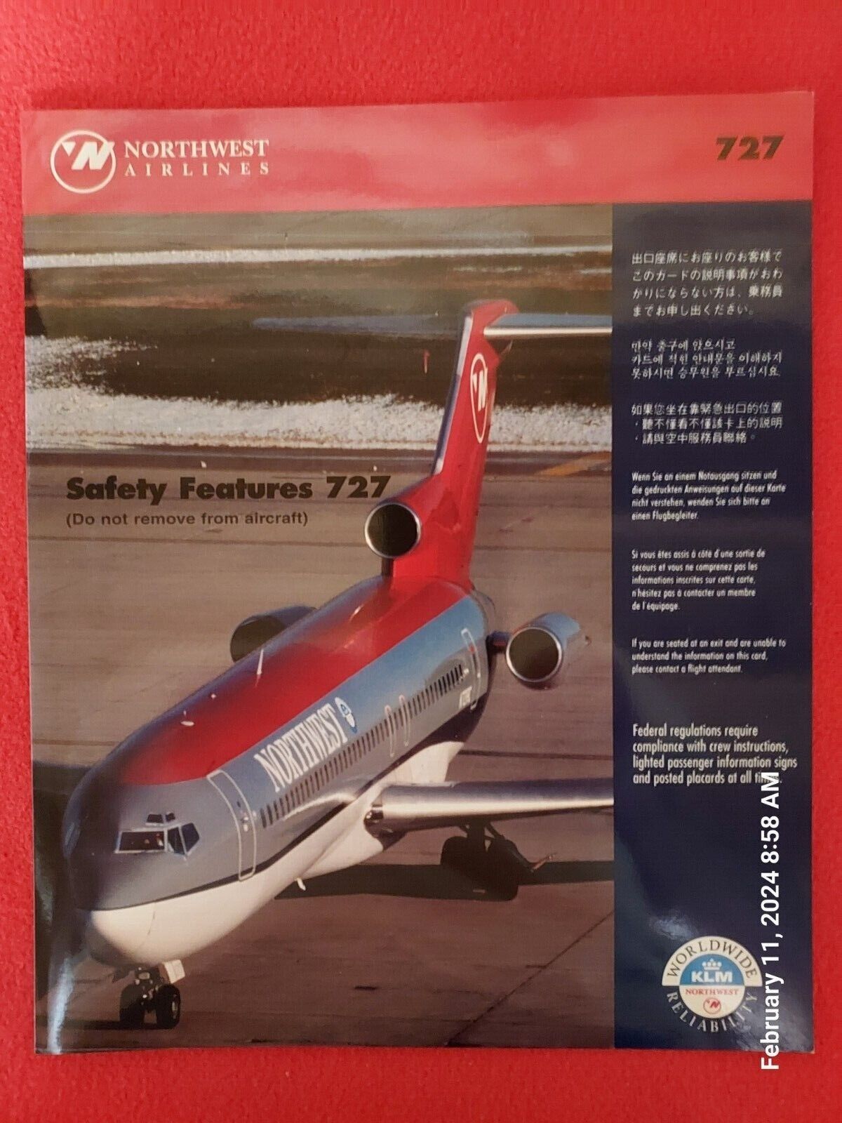 Northwest Airlines Inflight Safety Card. Boeing 727-Dated 04/01 (New-Uncirc.)