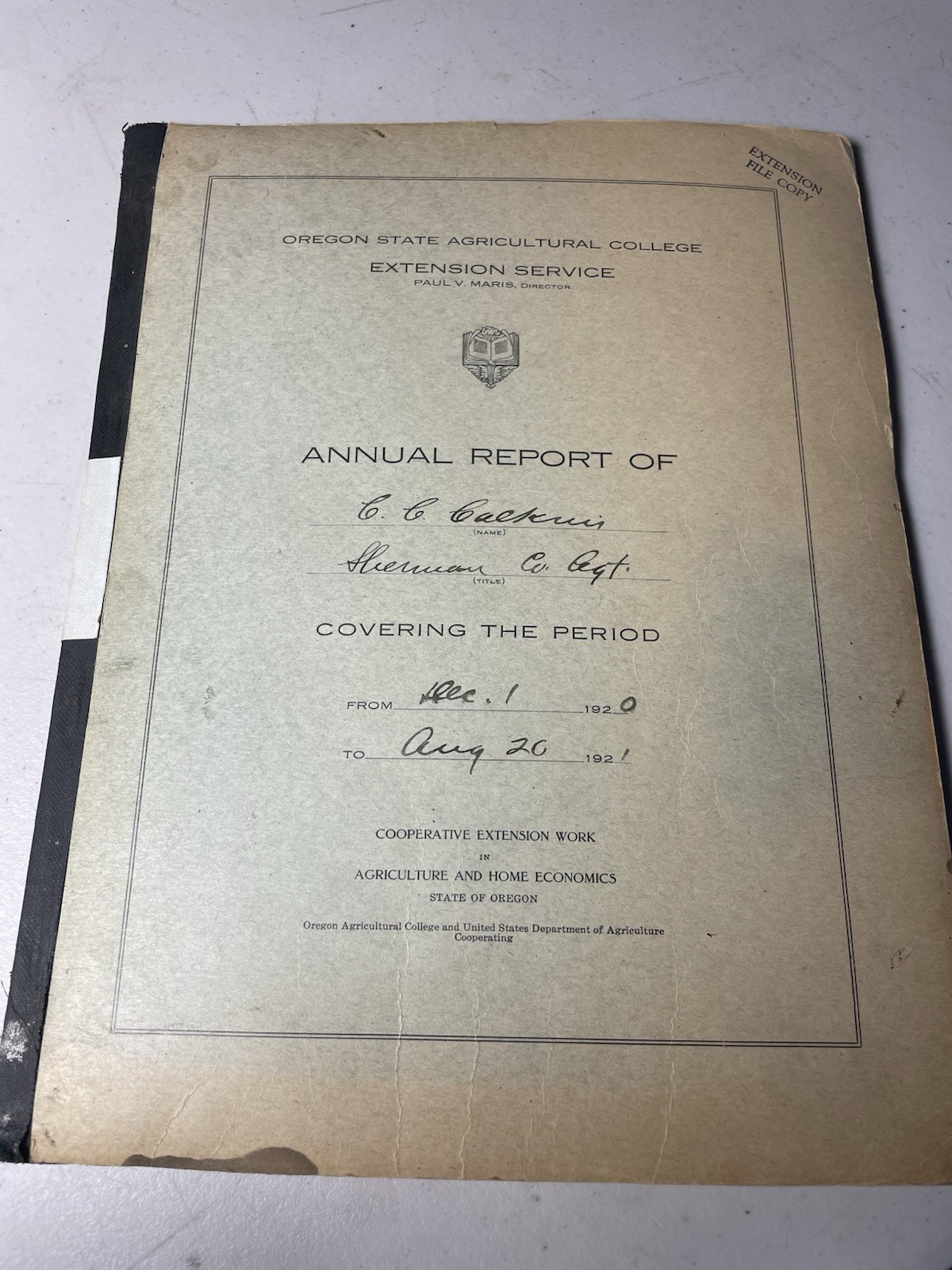 Annual Report Of Sherman County  Of C.C Calkins Dec 1 1920 To Aug 20 1921 Vtg