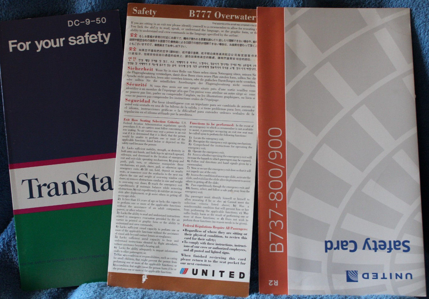 Safety Card - 5 pack. TransStar, United B737&B777, American F100, South African Safety Card - 5 pack. TransStar, United B737&B777, American F100, South African