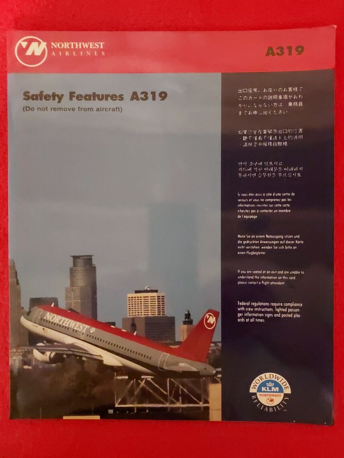 Northwest Airlines In-Flight Safety Card. Airbus A319 dated 05/99. (New-Uncirc.)
