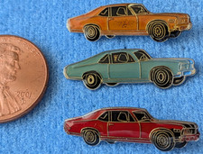 Three NOS 1980s Vintage 1968 Chevrolet Nova Shaped Enamel Lapel Pins 3 Colors 1