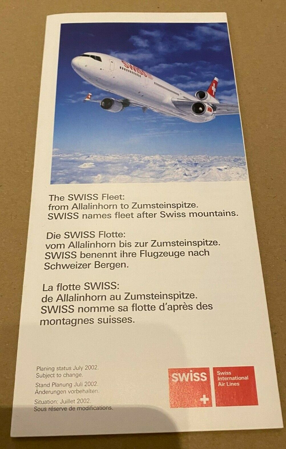 2002 SWISS INTERNATIONAL AIRLINES FLEET BROCHURE - ALL AIRCRAFT + REG & NAMES