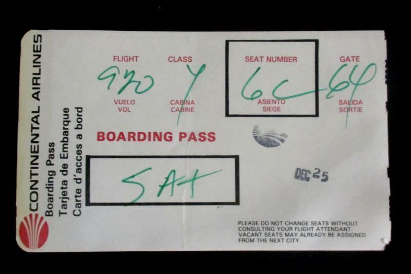 Continental Airlines Vintage Boarding Pass Flight 920 Class Y Seat 6C Sat Dec 25