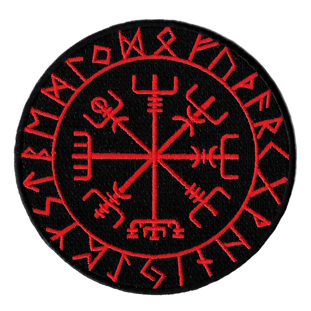 VIKING COMPASS PATCH Vegvisir IRON-ON EMBROIDERED ICELANDIC NORSE RUNE - RED