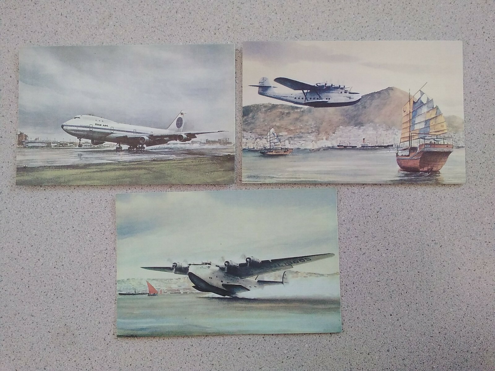 Pan Am set of 3 Postcards by Artist John T McCoy Boeing 747, M-130, B-314 Pan Am set of 3 Postcards by Artist John T McCoy Boeing 747, M-130, B-314