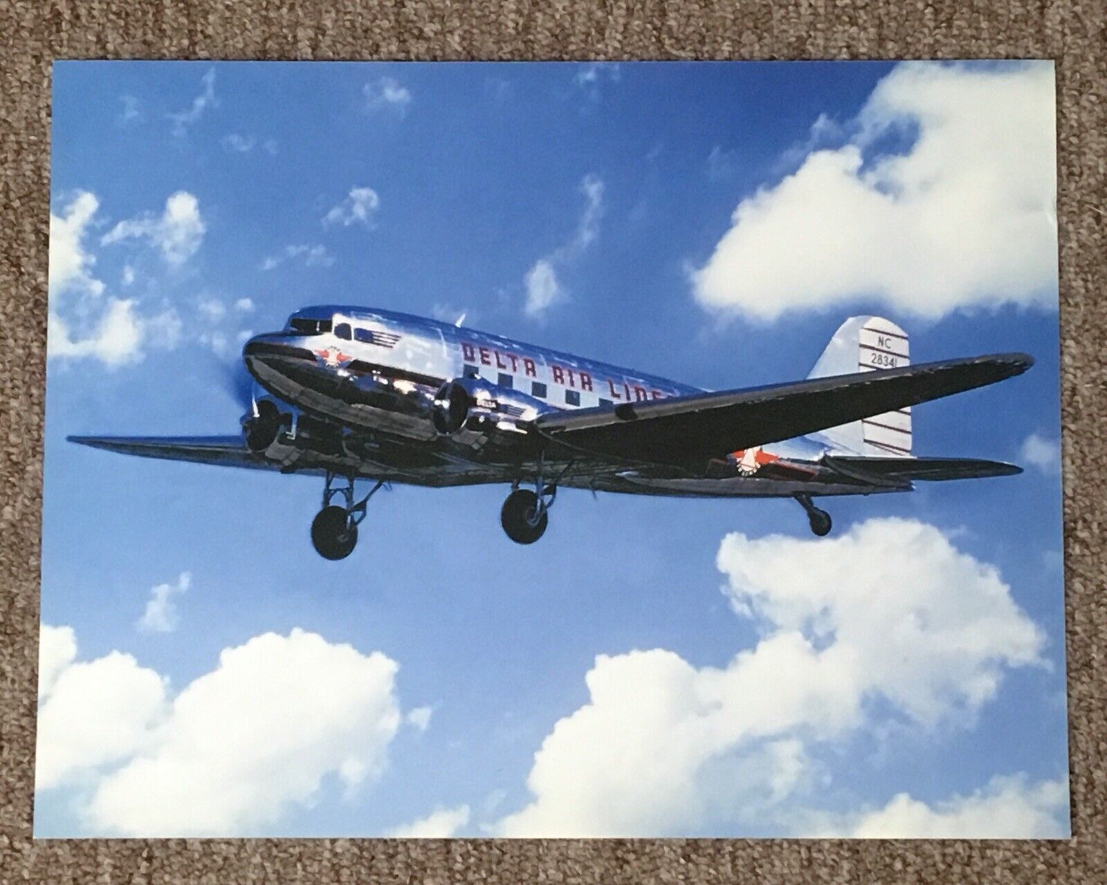Delta Airlines DC-3, Ship #41 Card-stock Photo. Has History + Photos on Back. 