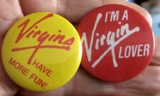 VIRGIN ATLANTIC AIRLINES vintage 1980s VIRGINS HAVE MORE FUN tin pin BADGES picture