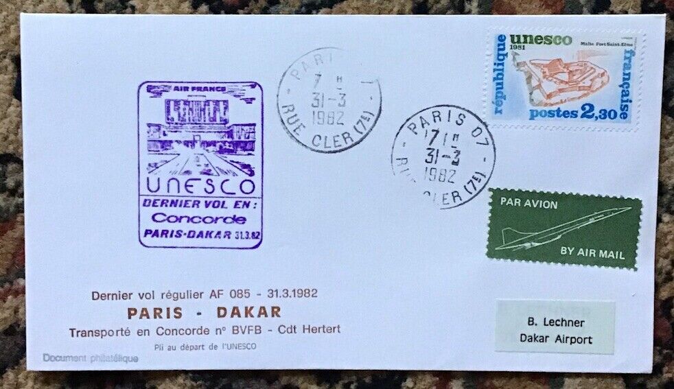 Air France Concorde Flown Rare UNESCO - Paris - Dakar 1982 FDC