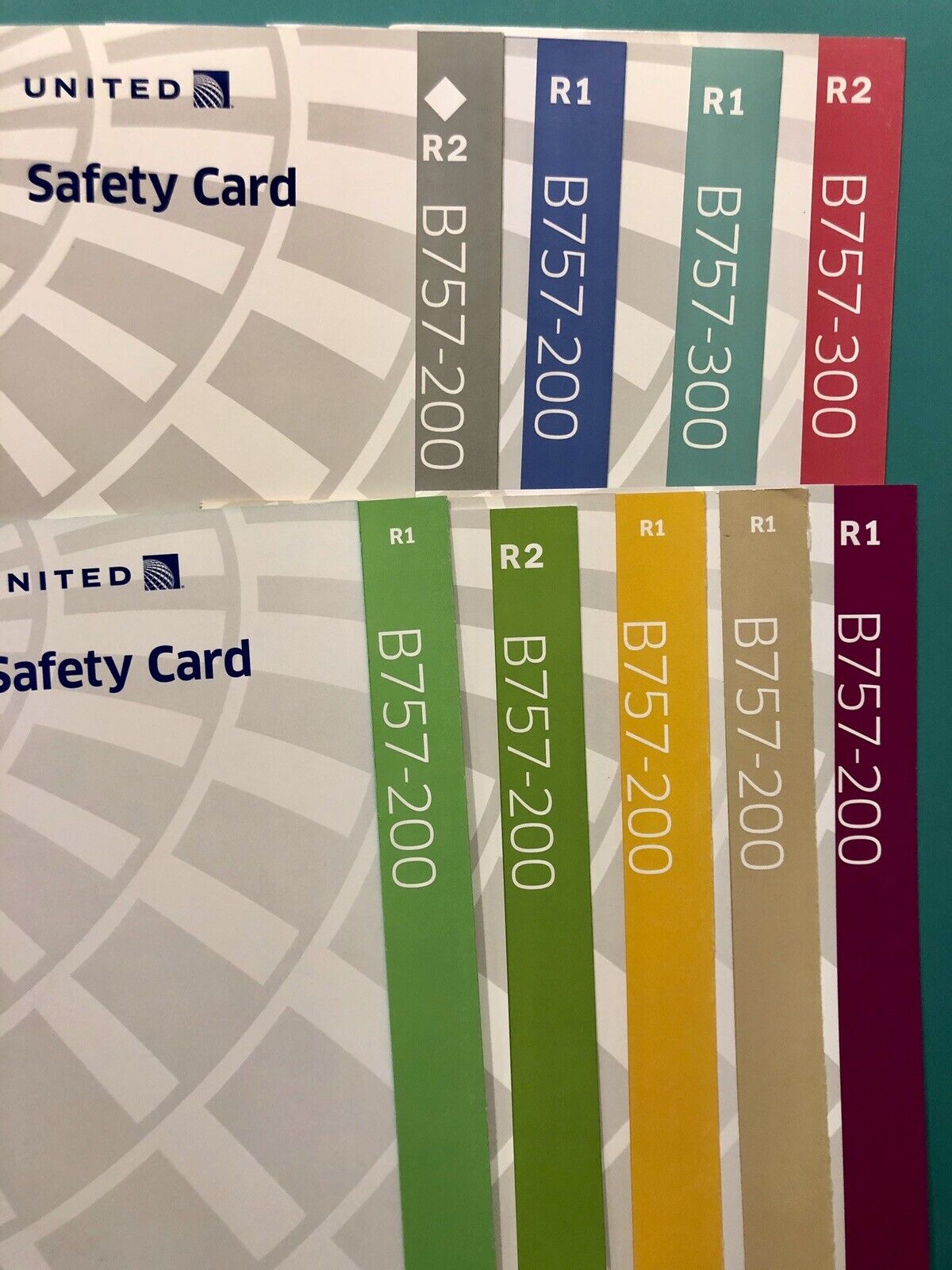 9 UNITED AIRLINES SAFETY CARDS—757-200,300
