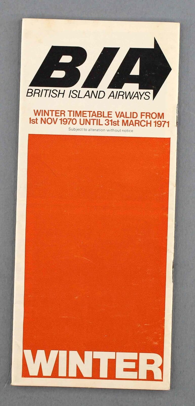 BIA BRITISH ISLAND AIRWAYS AIRLINE TIMETABLE WINTER 1970/1971
