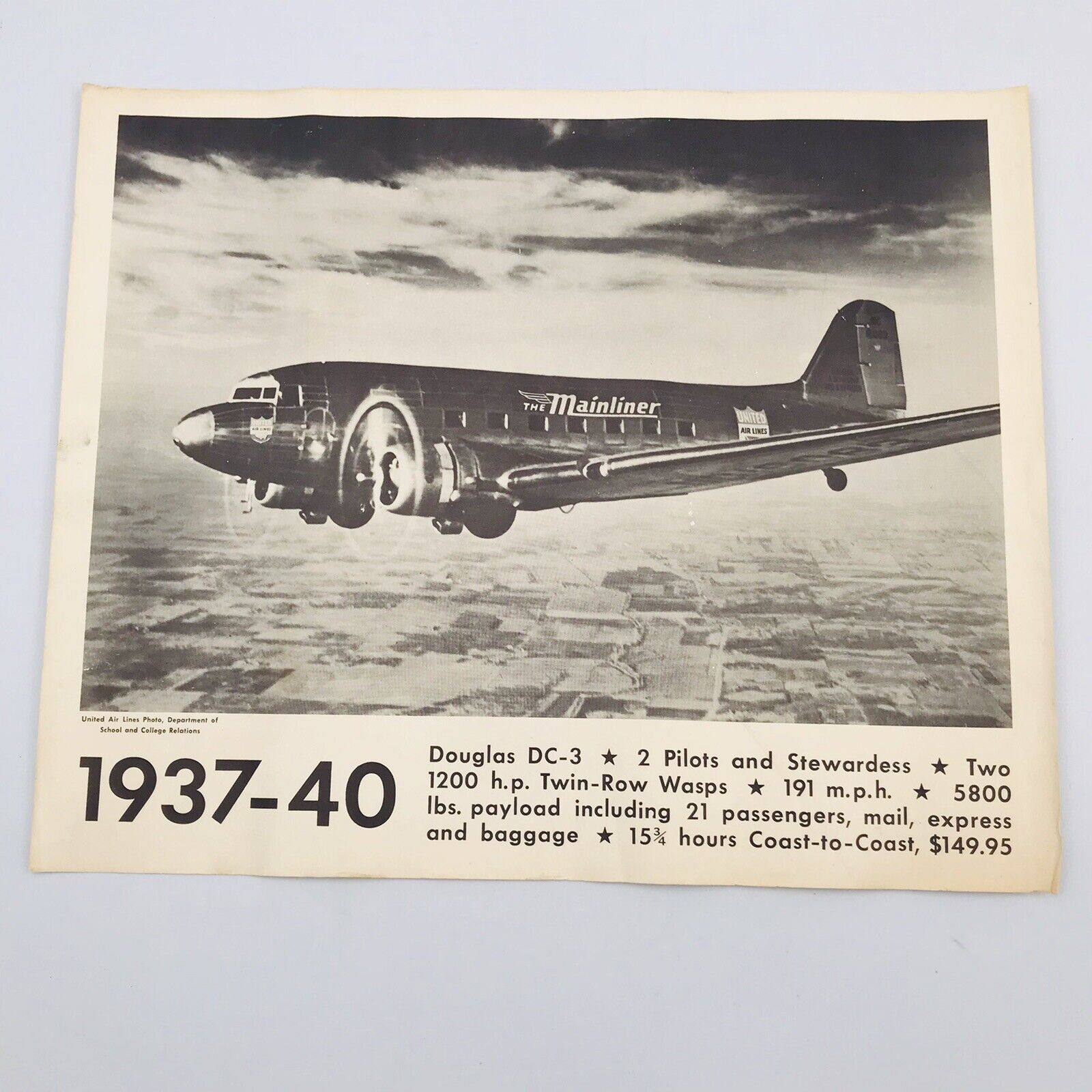 Vintage United Air Lines Photo Print 1937-40 Douglas DC-3 Mainliner Airplane 