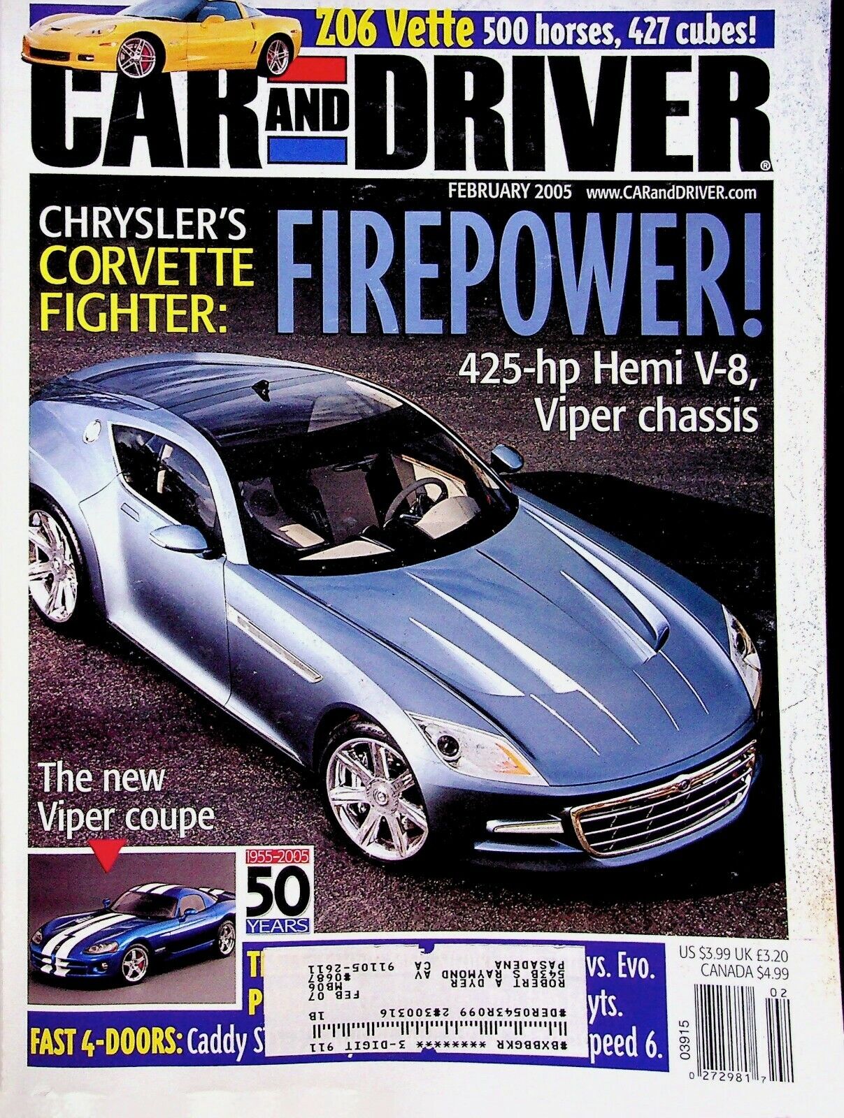 CHRYSLER FIREPOWER - CAR AND DRIVER MAGAZINE, FEBRUARY VOLUME 50, NO.8 2005