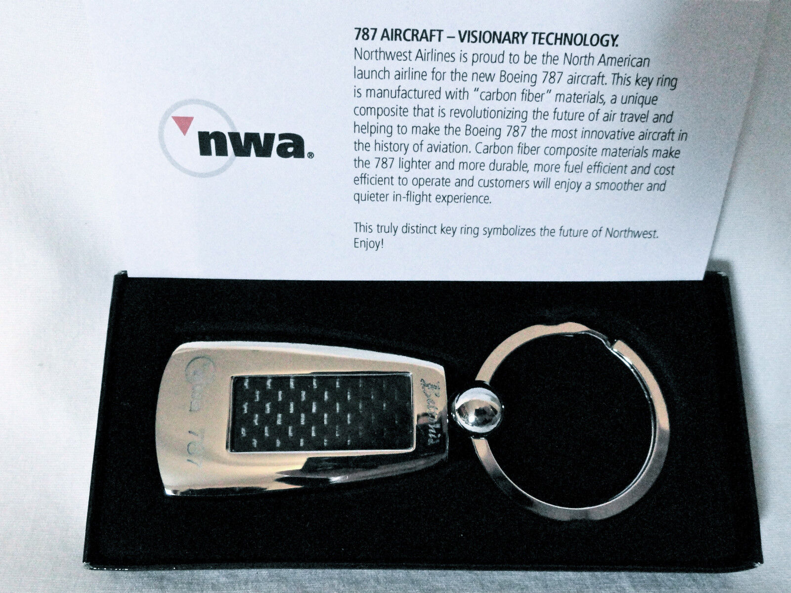 Northwest Airlines Key Chain NWA Boeing 787 New Carbon Fiber USA NEW
