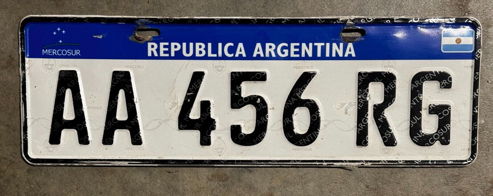 2016 Single Argentina CAR License Plate MERCOSUR - AA 456 RG