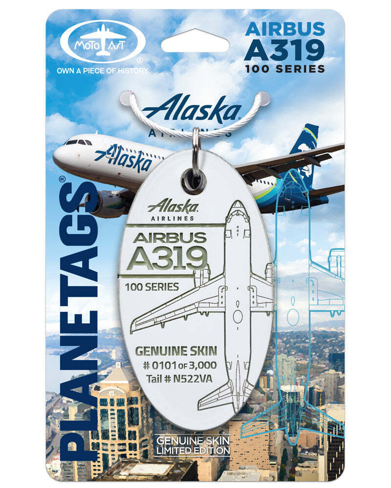 Alaska Airlines Airbus A319-100 Tail #N522VA Genuine Aluminum Plane Skin Bag Tag