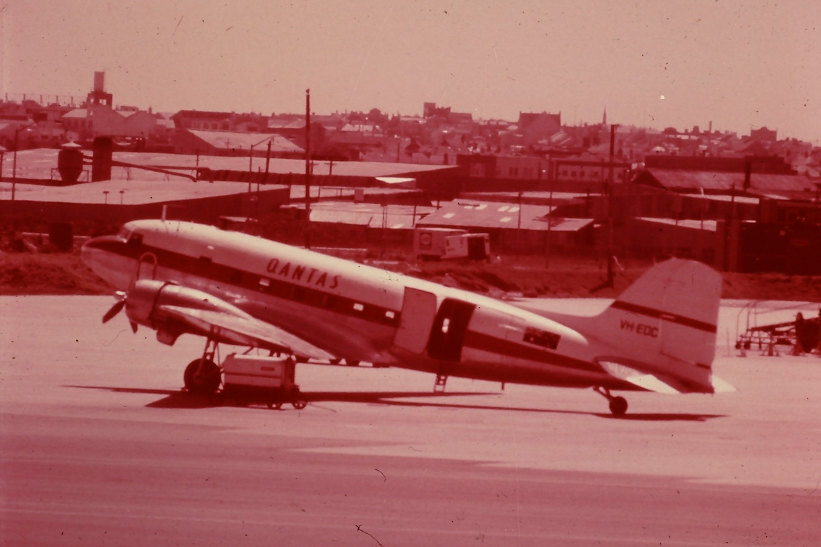 Qantas, Douglas DC-3 Dakota VH-EDC, at airport, aircraft slide Qantas, Douglas DC-3 Dakota VH-EDC, at airport, aircraft slide