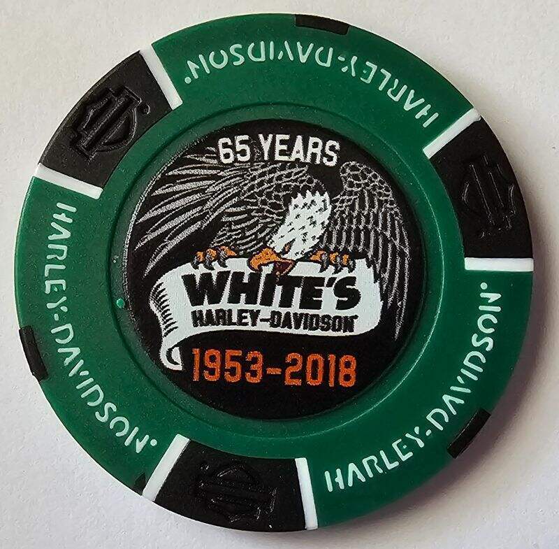 WHITE\'S HARLEY-DAVIDSON Lebanon PA Full Color 65th Anniv Green/Black Poker Chip