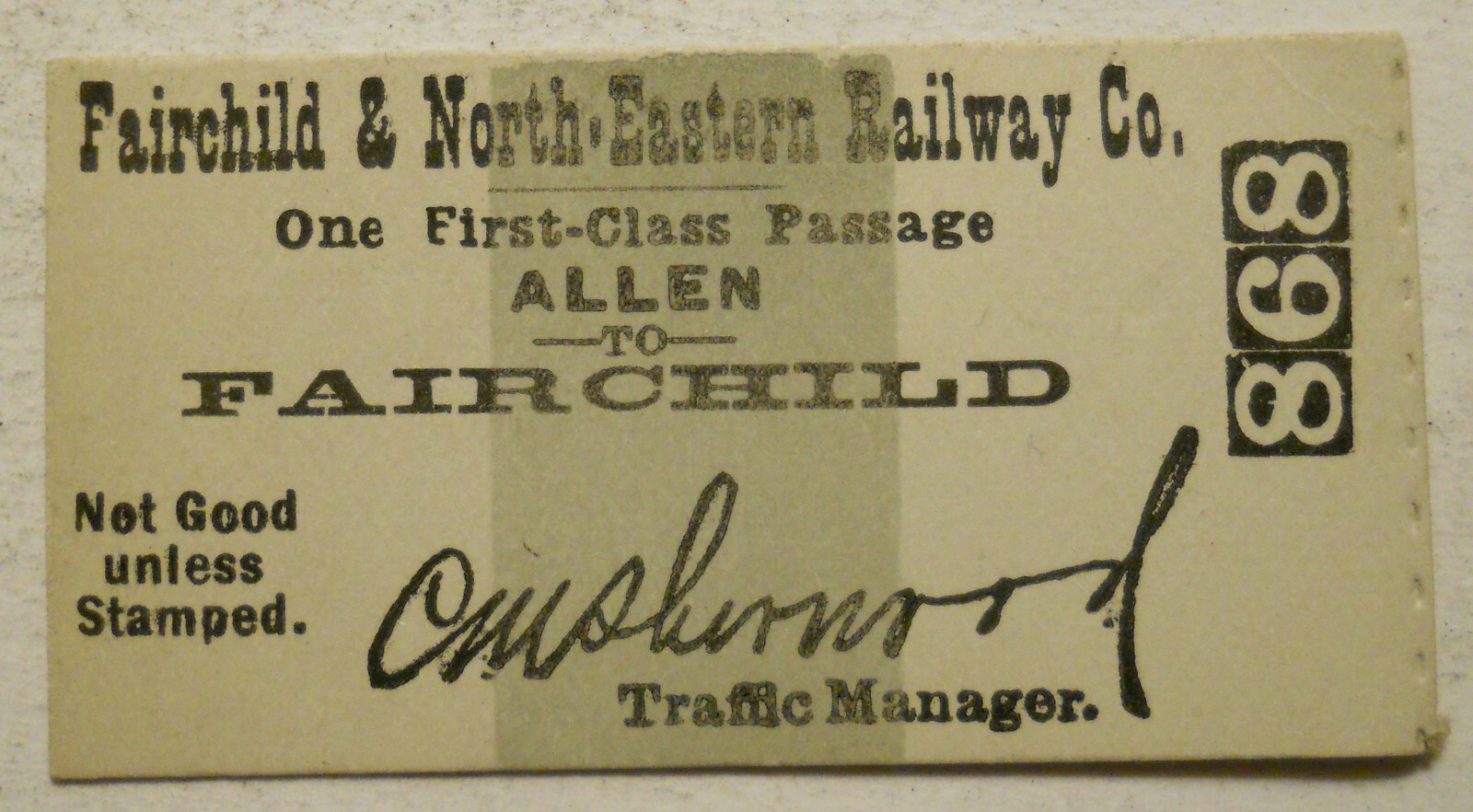 Unused Fairchild & North Eastern Railway Ticket Allen - Fairchild (Wisconsin) Unused Fairchild & North Eastern Railway Ticket Allen - Fairchild (Wisconsin)
