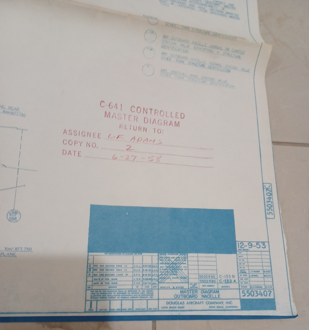 1953 Master Diagram Blueprint Nacelle Douglas C-133 A & B Aircraft JRR39 1953 Master Diagram Blueprint Nacelle Douglas C-133 A & B Aircraft JRR39