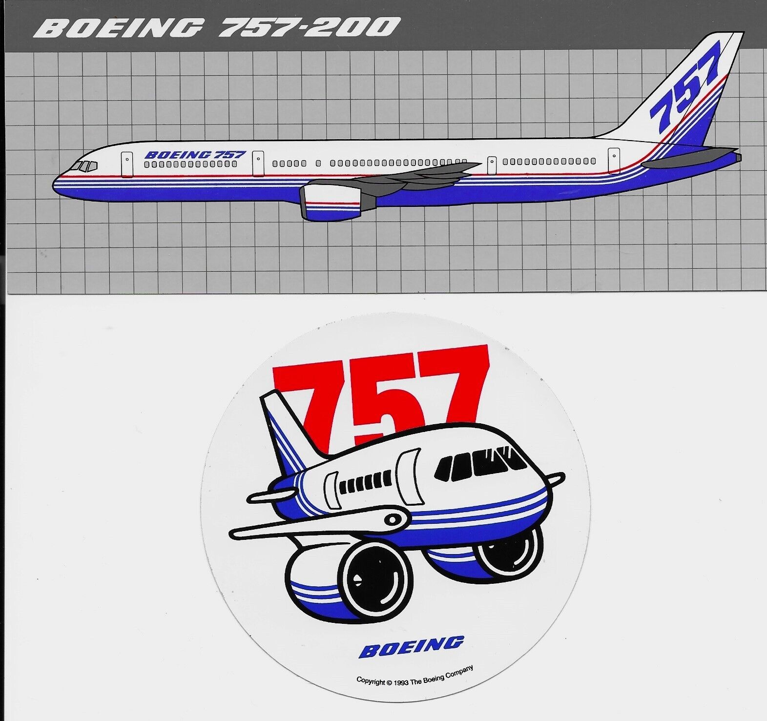 Boeing 757-200, 8in x 3in Sticker & One 757, 4in Round Pudgy  Sticker